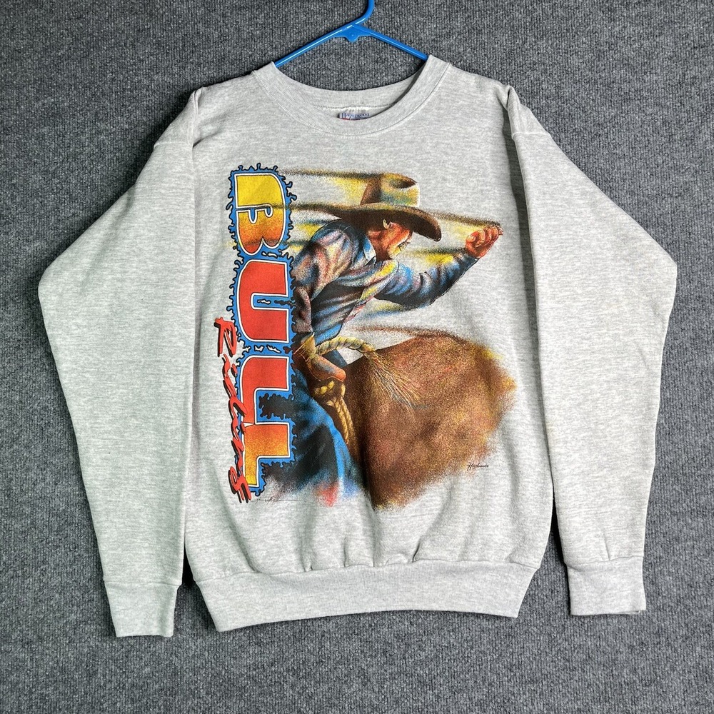 Vintage Bull Riding Retro Puff Print‎ Western Rodeo Sweatshirt Large USA Cowboy